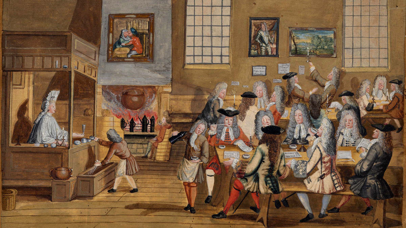 Busy 17th Century Coffee Shop, colorful drawing