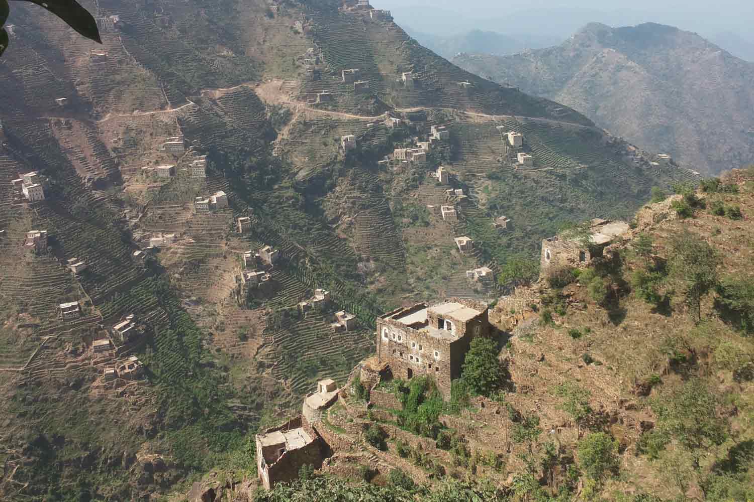 Brick buildings and ribbon terraces in Al Jafariyah District, Raymah Governorate.