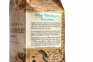 Description of why this coffee bag is awesome—it's a 1649 Jan Jansson map printed at original scale