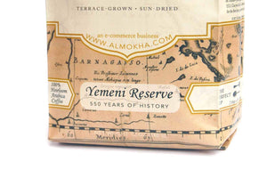 Closeup of "Yemeni Reserve" coffee bag label